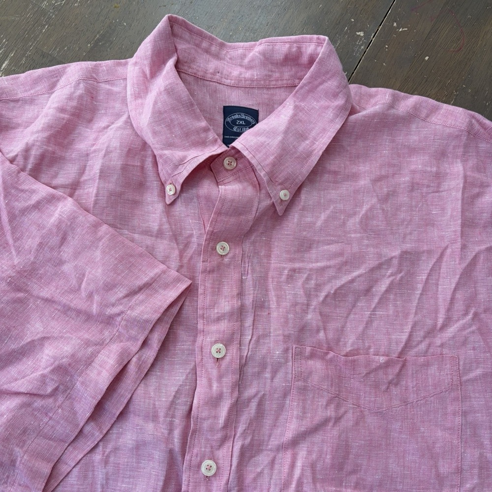 Brooks Brothers Regent Fit Mens 2XL 100% Linen Short Sleeve Button Shirt Pink